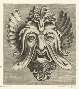 Maschera con guance cadenti, due denti inferiori appuntiti e un ciuffo di riccioli sul naso da Frans Huys