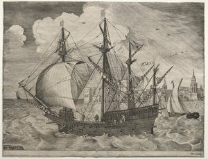 Imbarcazioni a vela: Quattro alberi armati che salpano, 1561-65 da Frans Huys