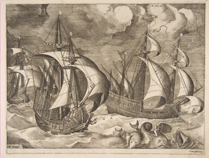 Tre caravelle in una tempesta crescente con Arione su un delfino da Le navi a vela da Frans Huys