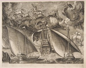 Due galee che navigano dietro un tre-alberi armato con Fetonte e Giove nel cielo da Frans Huys