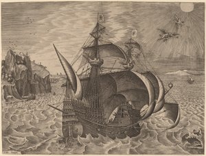Tre alberi armati con Dedalo e Icaro nel cielo da Frans Huys after Pieter Bruegel the Elder