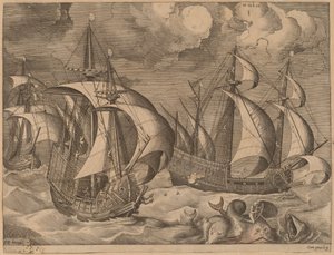 Tre caravelle in una tempesta crescente con Adrion su un delfino da Frans Huys after Pieter Bruegel the Elder