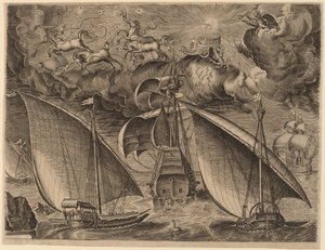 Due galee dietro un tre-alberi armato con Fetonte e Giove nel cielo da Frans Huys after Pieter Bruegel the Elder
