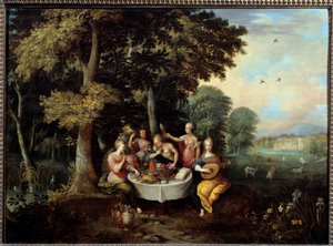 I cinque sensi: giovani donne in un paesaggio con banchetto (gusto), musica (udito), specchio (vista), mazzo di fiori (olfatto) e carezza (tatto)
