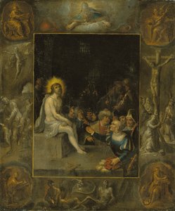 La derisione di Cristo, in una cornice grisaille che raffigura Dio Padre, gli Evangelisti, la Crocifissione, la Resurrezione e il Diavolo e la Morte con il Serpente Incoronato da Frans II the Younger Francken