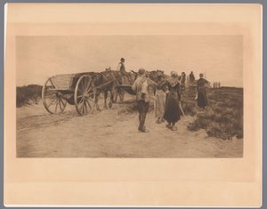 Lavoratori agricoli su un sentiero con carri e attrezzi da Frans Lauwers