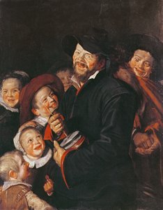 Uomo che diverte i bambini con un Rummel da Frans School of Hals