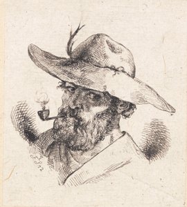 Testa di uomo barbuto con cappello a tesa larga e pipa