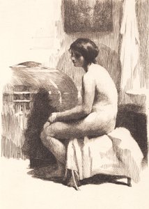 Modella femminile nuda, seduta in una stanza