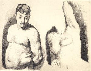 Tavola di prova con due studi di modelli nudi maschili e femminili a mezzobusto