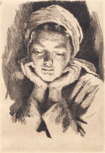 Giovane donna con cappello, di fronte, appoggiando la testa sulle mani. Mezzobusto