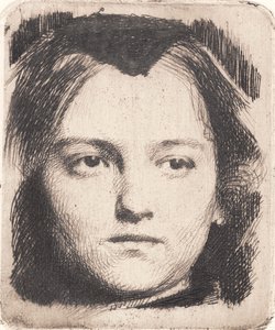 Giovane testa di donna, di fronte, con scialle. Prova di stampa da Frans Schwartz