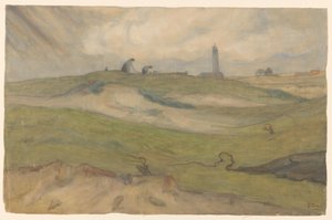 Paesaggio dunale con faro e riparatori di reti