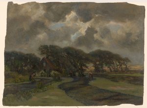 Casetta vicino al bordo degli alberi e donne con reti da pesca da Frans Alexander Evert Lodewijk Smissaert