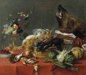 Tavola imbandita con selvaggina, frutta, verdura e testa di cinghiale da Frans Snyders