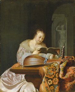 Un interno con una donna che legge musica a un tavolo parzialmente coperto con un liuto a doppia testa, 1671