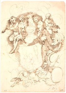 Composizione araldica: stemma con tre violini rovesciati, elmo coronato da cane, circondato da due figure e due putti che suonano il violino, il tutto poggiato su una figura maschile sdraiata (Nettuno?) da Frantz Cleyn