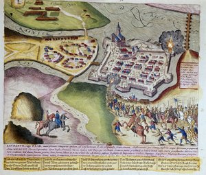 La cattura di Raab da parte di Adolf Schwarzenberg il 28/03/1598. Stampa del 1653 di Franz Hogenberg (1535-1590) Cabinet des Estampes, B.N, Parigi