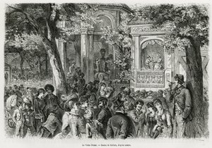 Il Volks Prater: parte popolare del principale prater, che offre numerose distrazioni, circo, orchestra e spettacolo di marionette. Incisione di Kollarz, per illustrare il racconto Vienna e i suoi sobborghi, di M. Newlinski, nel 1881, pubblicato in Le tour da Franz (after) Kollarz