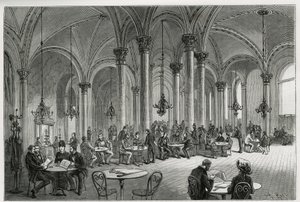 Il caffè centrale a Vienna (Austria). Incisione di Kollarz, per illustrare la storia di Vienna e i suoi sobborghi, di M. Newlinski, nel 1881, pubblicata in Le tour du monde, sotto la direzione di Edouard Charton (1807-1890) da Franz (after) Kollarz