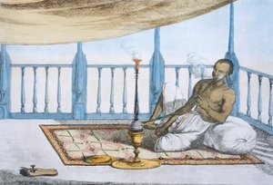Uomo che fuma un narghilè di hashish o oppio, da 