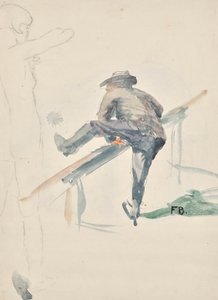 Uomo che scavalca una ringhiera e contorni di un nudo femminile