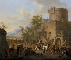 Veduta di una città italiana con figure che ballano il saltarello da Franz Ferg