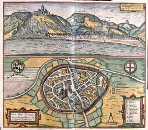 Illustrazione accurata della città di Munstermaifeld in Maifeld, Germania da Franz Hogenberg