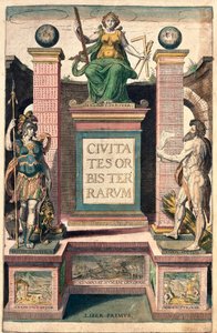 Frontespizio del primo volume: allegoria della geografia, una donna che tiene compasso, squadra e righello, trionfando sopra una soldatessa e un uomo nudo da Franz Hogenberg