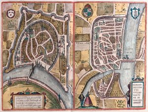 Grenoble e Romans sur Isère, Francia (incisione) da Franz Hogenberg