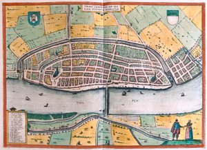 Kampen e il fiume IJssel o Yssel, Paesi Bassi (incisione) da Franz Hogenberg