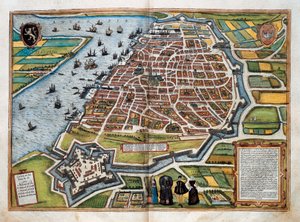 Mappa di Anversa, da "Civitates orbis terrarum" (incisione colorata) da Franz Hogenberg