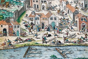 Scena dalle Guerre di Religione francesi, incisione da Franz Hogenberg