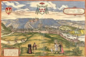 Veduta di Huy (Huum), Belgio da Franz Hogenberg