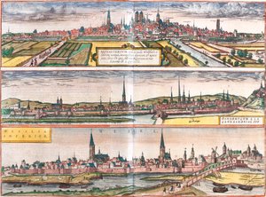 Veduta di Munster (Monasterium), Osnabruck (Osnabrugum) e Wesel (Weselia), Germania (Incisione)