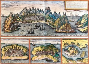 Vedute di Aden (Yemen), Mombasa (Kenya), Kilwa Kisiwani (Tanzania) e Cefala Diana (Sicilia, Italia)