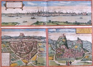Vedute di Magonza (Moguntia), Würzburg, Germania e Sion (Sedunum) in Svizzera da Franz Hogenberg