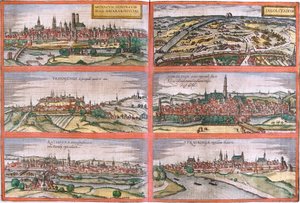 Vedute di Monaco (Monacum), Ingolstadt (Ingolstadium), Freising (Frisingensis), Nordlingen (Nordlinga), Ratisbona (Ratispona) e Straubing (Stravbinga), Germania da Franz Hogenberg