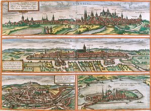 Vedute di Norimberga (Nurnberga), Ulma (Ulma), Lindau (Lindola), Germania e Salisburgo (Salisburgensis) in Austria