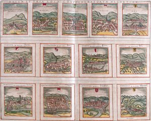 Vedute delle principali città della Confederazione Svizzera: Schwytz (Svicia), Zug (Tugium), Glaris (Glarona), Bale (Basilea), Zurigo (Tugurum), Berna (Ursina), Lucerna (Lucerna), Uri (Ursella), Friburgo (Frigurgum), Soletta (Soloturensis), Sciaffusa (Scha da Franz Hogenberg