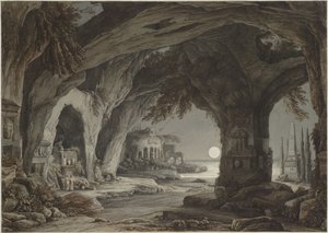 Paesaggio ideale con grotta di roccia, tombe e rovine al chiaro di luna, c. 1790 da Franz Innocenz Josef Kobell