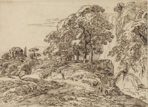 Paesaggio pastorale con cascata e tempio