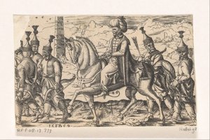 Sultano a cavallo accompagnato da soldati da Franz Isaac Brun