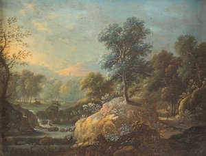 Franz Joachim Beich Paesaggio collinare boscoso con ruscello