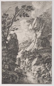 Tavola 4: due pescatori sulla riva di un ruscello a destra, una cascata al centro da Franz Joachim Beich