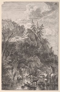 Tavola 5: figura femminile a cavallo e figura maschile con un cane in piedi in una strada, ca. 1700-25 da Franz Joachim Beich