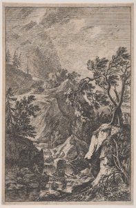 Tavola 6: due figure maschili in piedi su una roccia a destra, una cascata al centro, ca. 1700-25 da Franz Joachim Beich