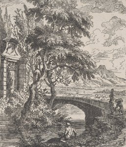 Lastra 7: due figure a destra pronte ad attraversare un ponte di pietra, un pescatore in primo piano... da Franz Joachim Beich
