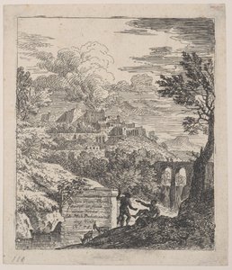 Due pastori che riposano accanto a un piedistallo, un acquedotto a destra sullo sfondo, ca. 1700-25 da Franz Joachim Beich