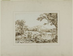 Paesaggio con fiume, colline lontane e figure che pescano in primo piano da Franz Kobell